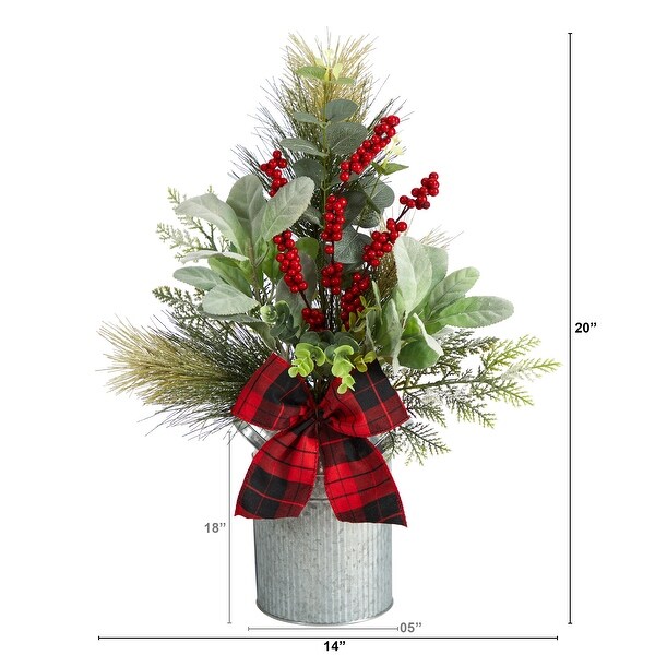 20” Berries and Pine Artificial Christmas Arrangement with Tin Vase