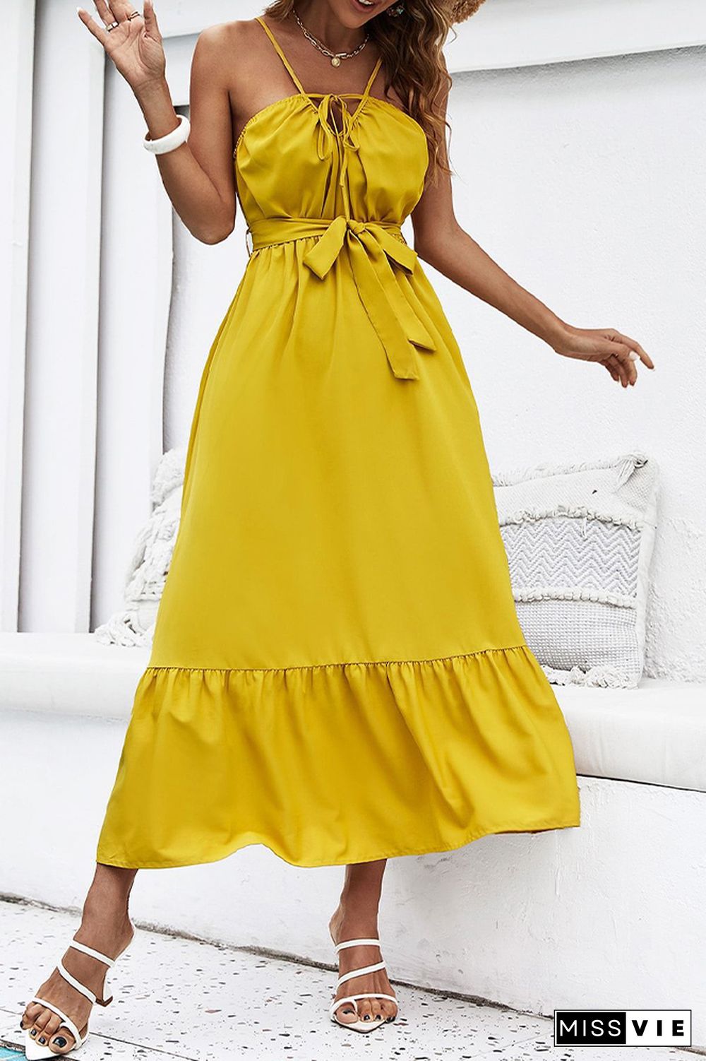 Yellow Sleeveless Swing Long Dress Wholesale