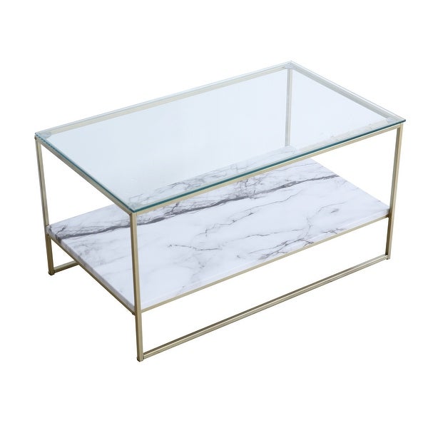 Roomfitters 2 Tier White Faux Marble Print Coffee Table with Glass Top