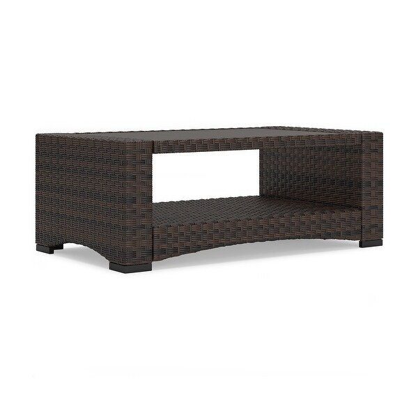 Zivi 44 Inch Outdoor Coffee Table，Resin Wicker，1 Bottom Shelf，Brown