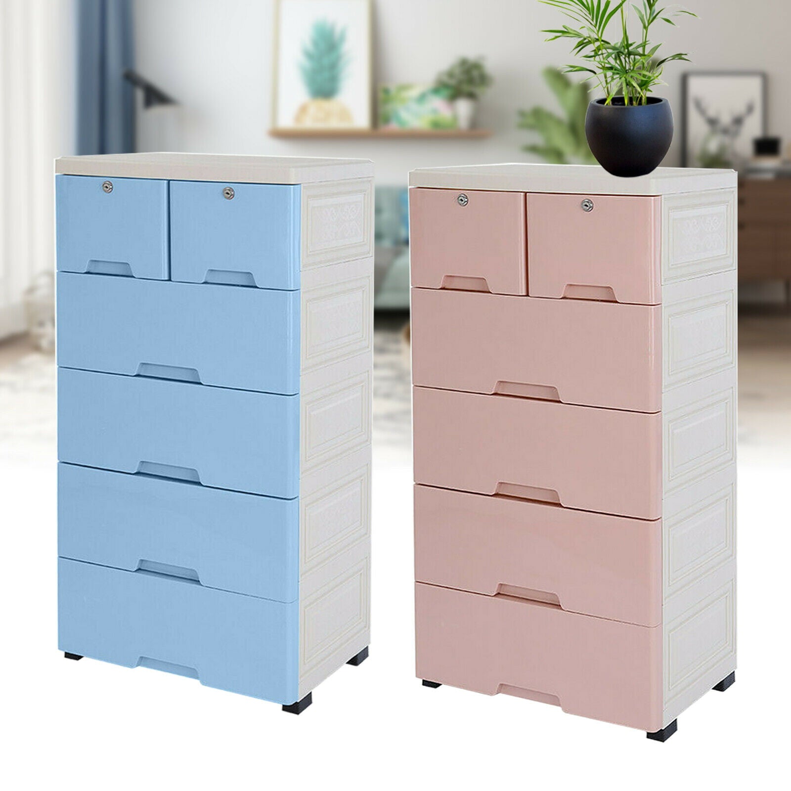 OUKANING Plastic Chest of Drawers 6 Drawer Dresser Bedroom Nightstand Storage Cabinet Pink Store clothes for Bedroom Living Room