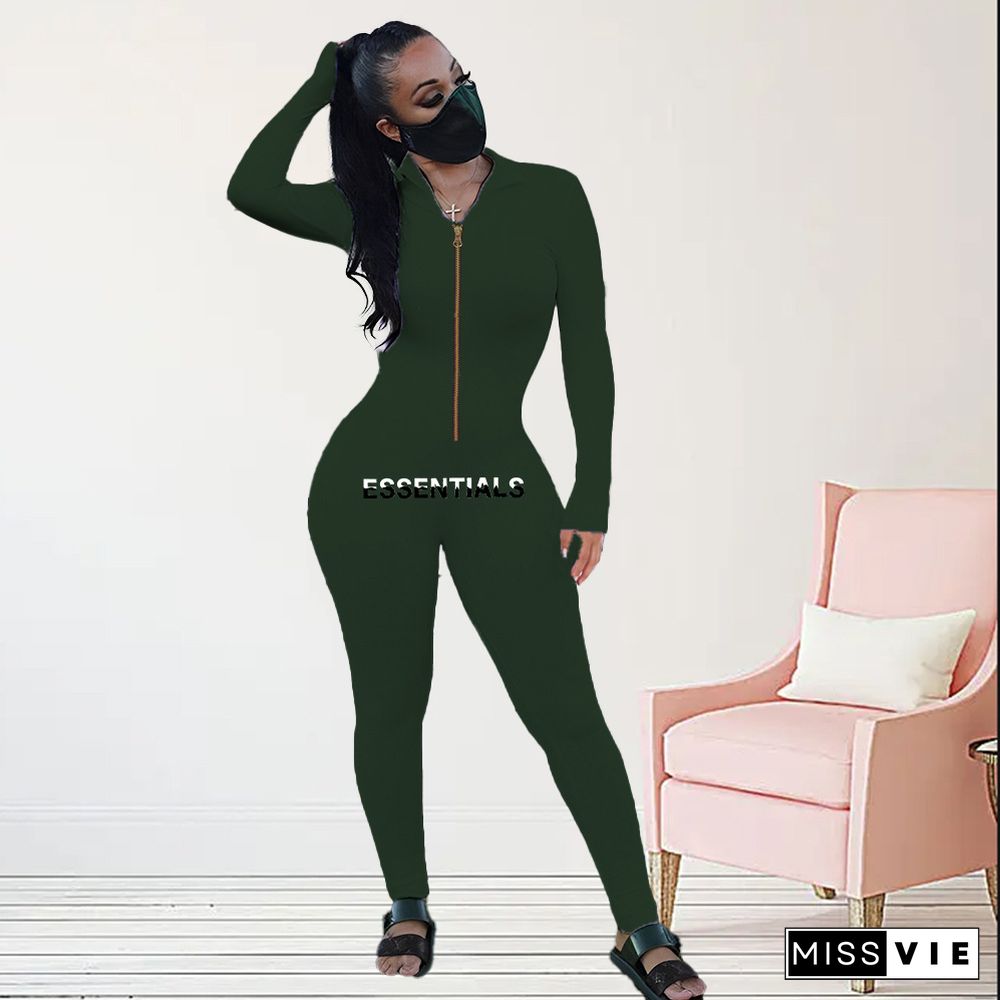 Letter Print Long Sleeve Zipper Fitness Jumpsuit