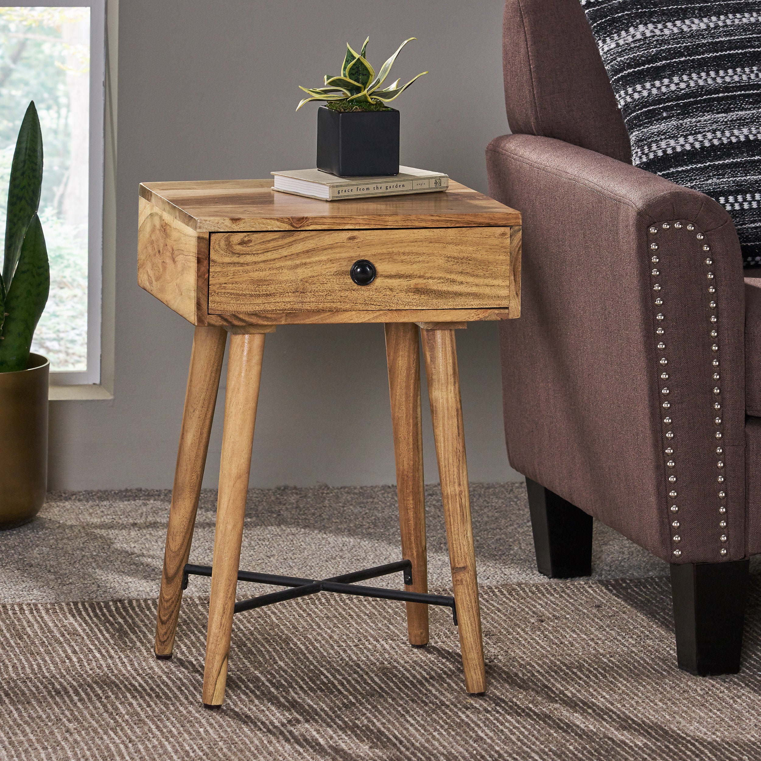 Ovando Mid-Century Modern Handcrafted Acacia Wood Side Table with Drawer, Natural