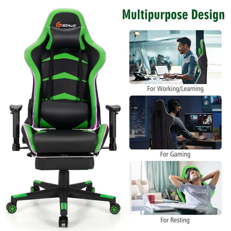 LED Massage Gaming Chair, Height Adjustable Racing Computer Office Chair with Footrest, Ergonomic High Back PU Swivel Game Chair