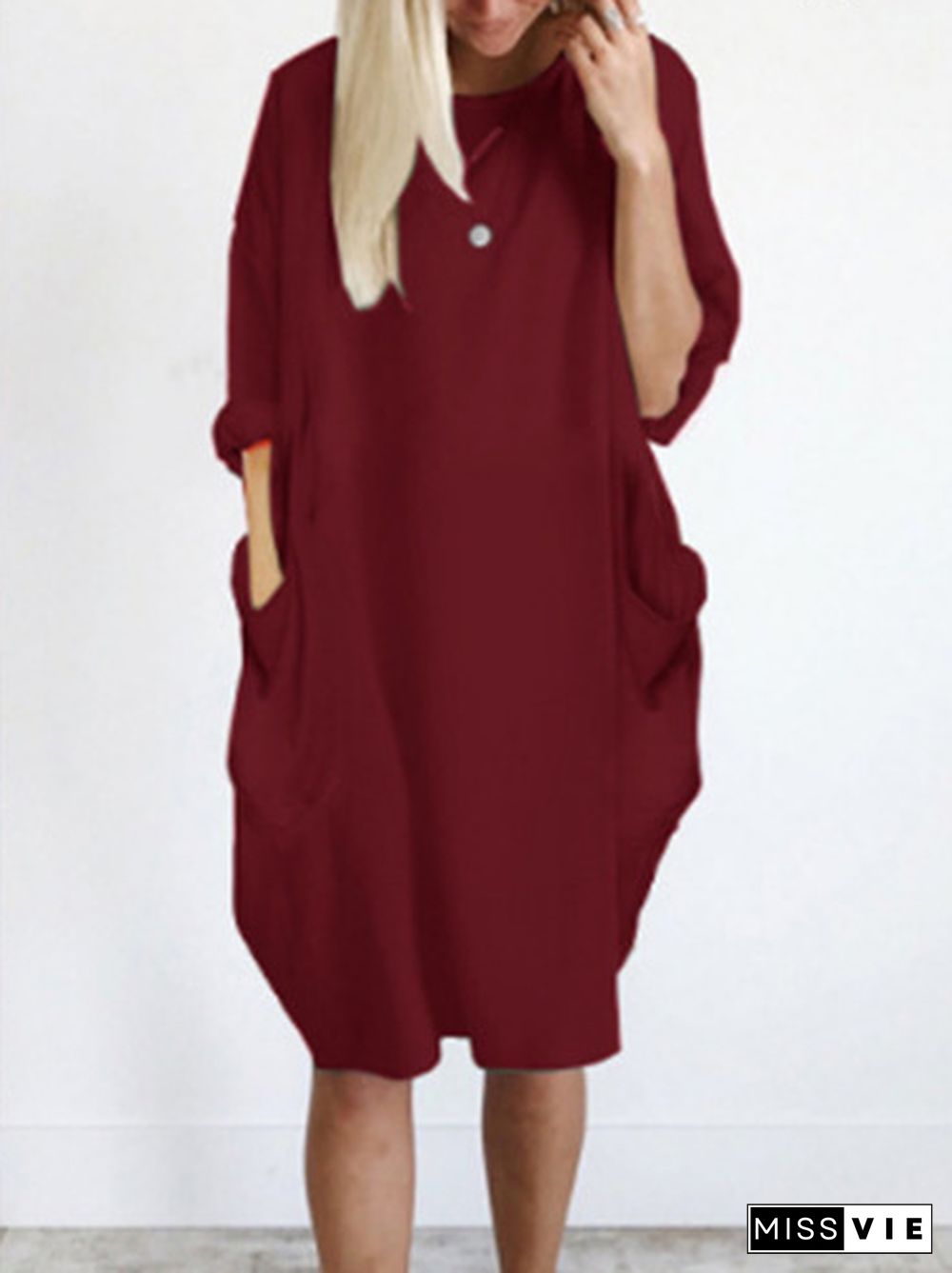 Cotton Blends Loosen Plain Long sleeve Knit Dress