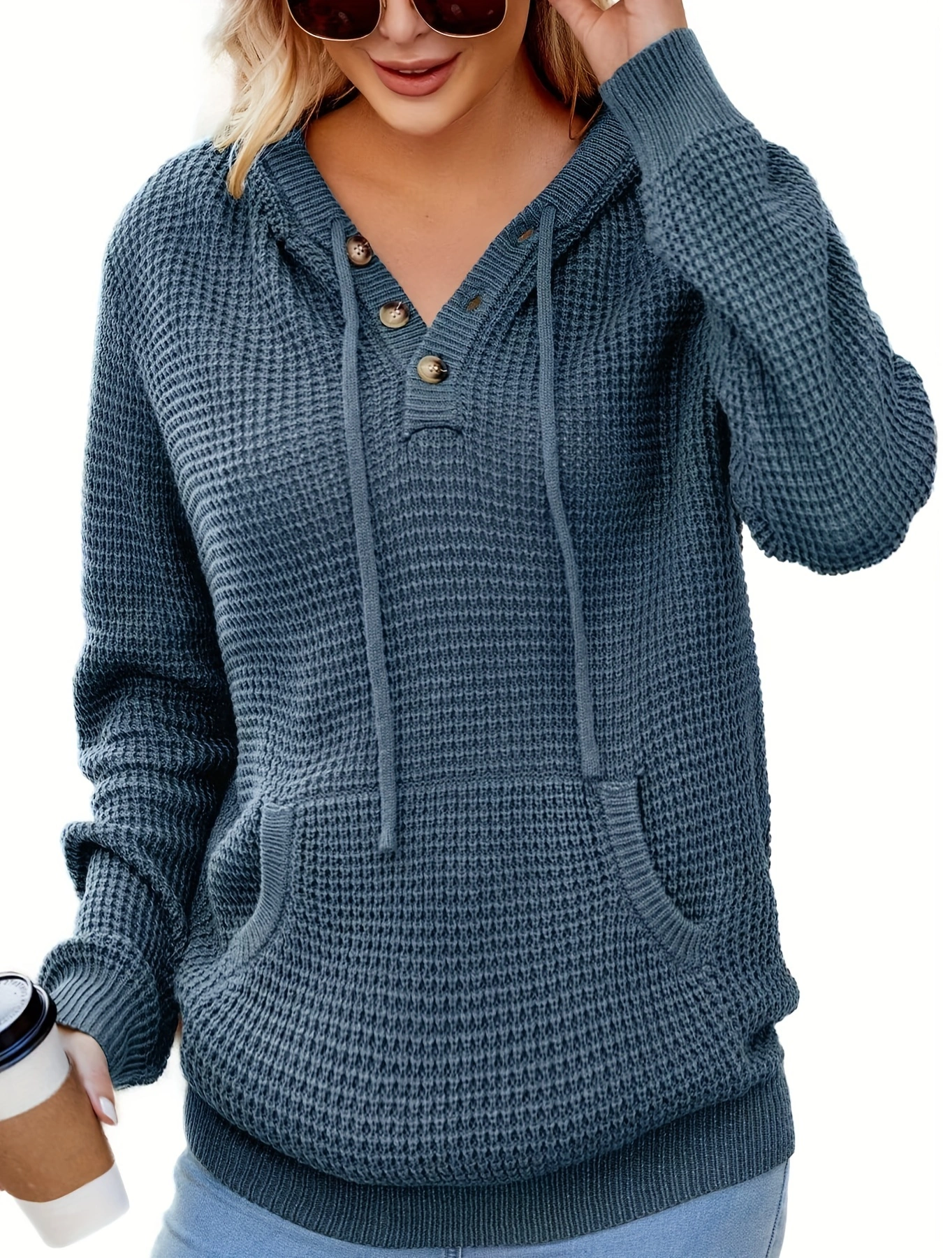 Plus Size Casual Hooded Pullover Sweater with Drawstring, Solid Color Polyester Knit with Slight Stretch, Long Sleeve Hoodie with Pockets for Fall/Winter