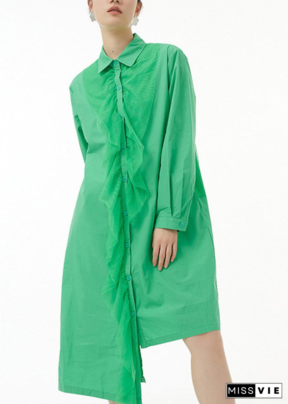 Chic Green Asymmetrical Tulle Patchwork Ruffles Cotton Shirt Dress Spring