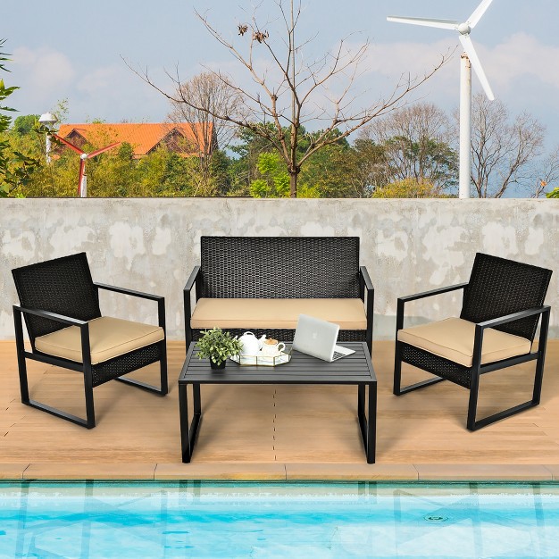 Costway 4pcs Patio Rattan Furniture Set Cushioned Sofa Coffee Table Garden Deck Brown