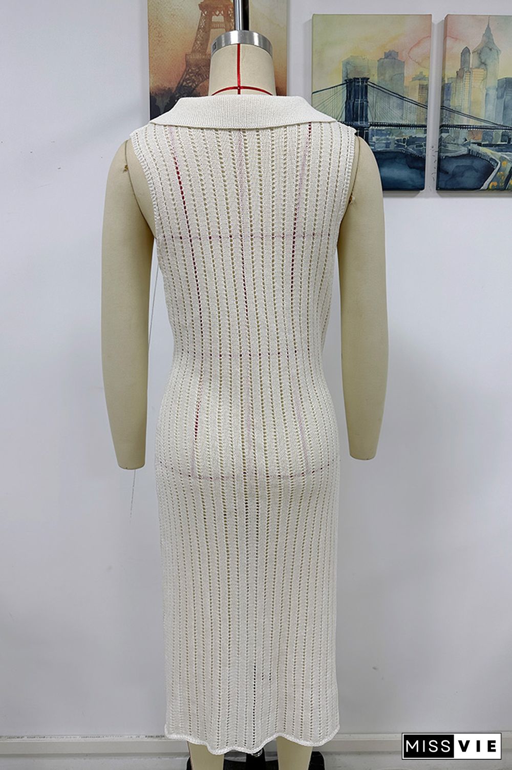 V Neck Hollow Out Knit Midi Dress