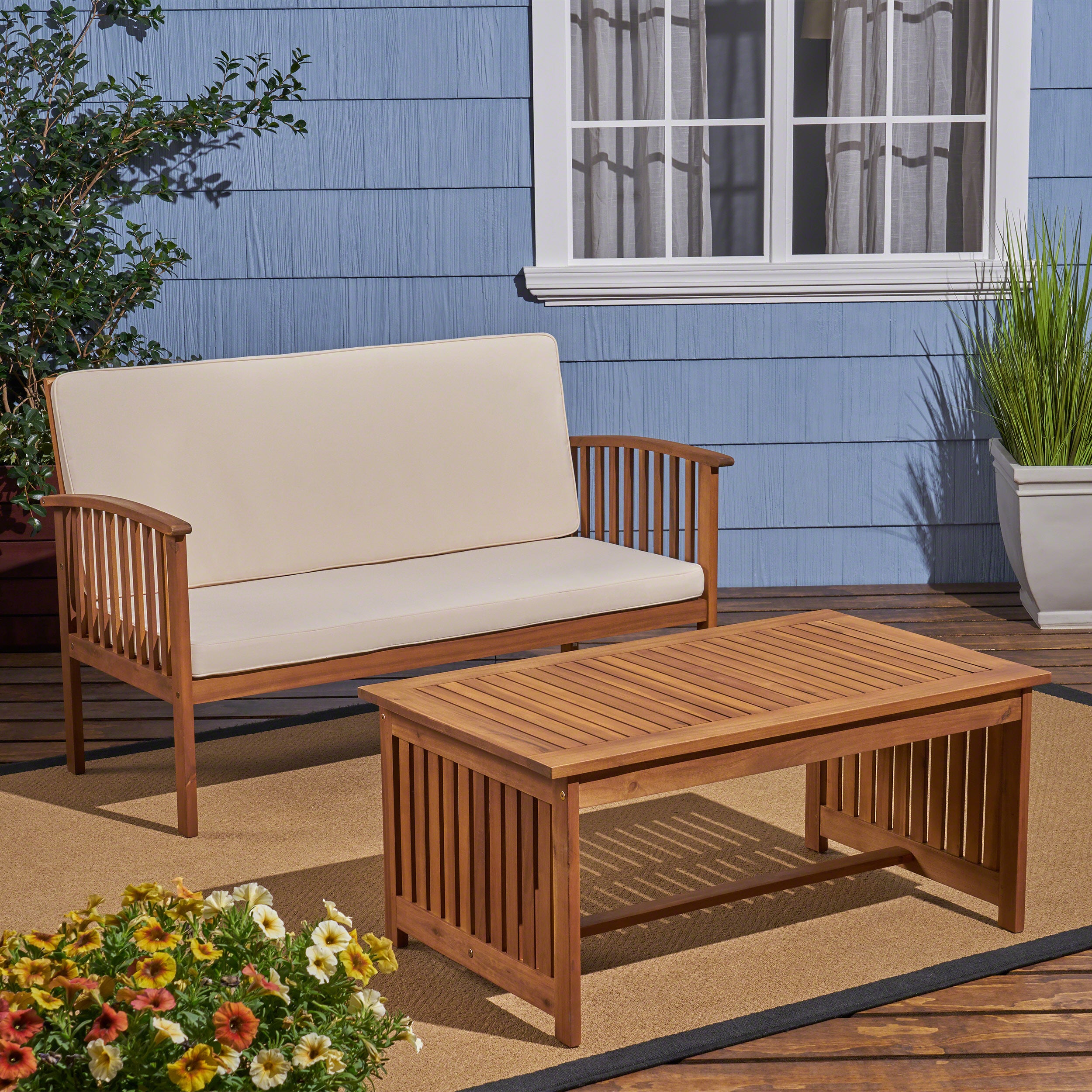 Tolbert Outdoor Acacia Wood Loveseat & Coffee Table Set