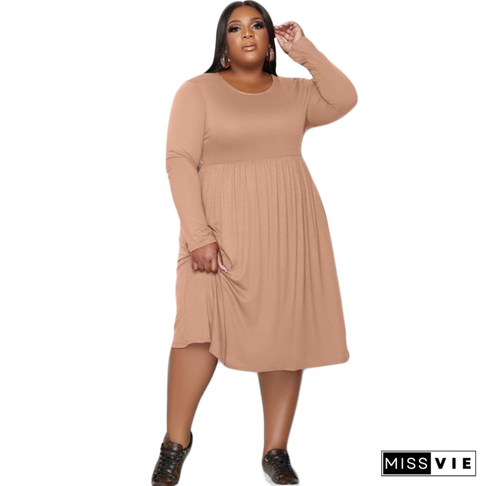 Solid Color Long Sleeve A Line Plus Size Dresses