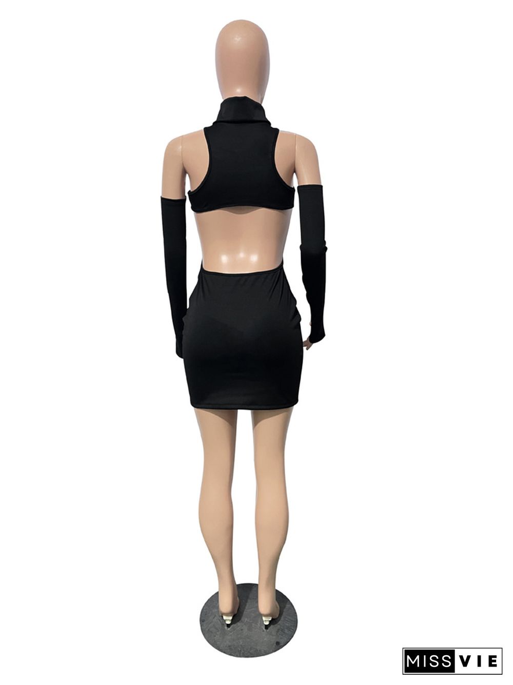 Hollow Out Turtleneck Skinny Party Dress With Gloves