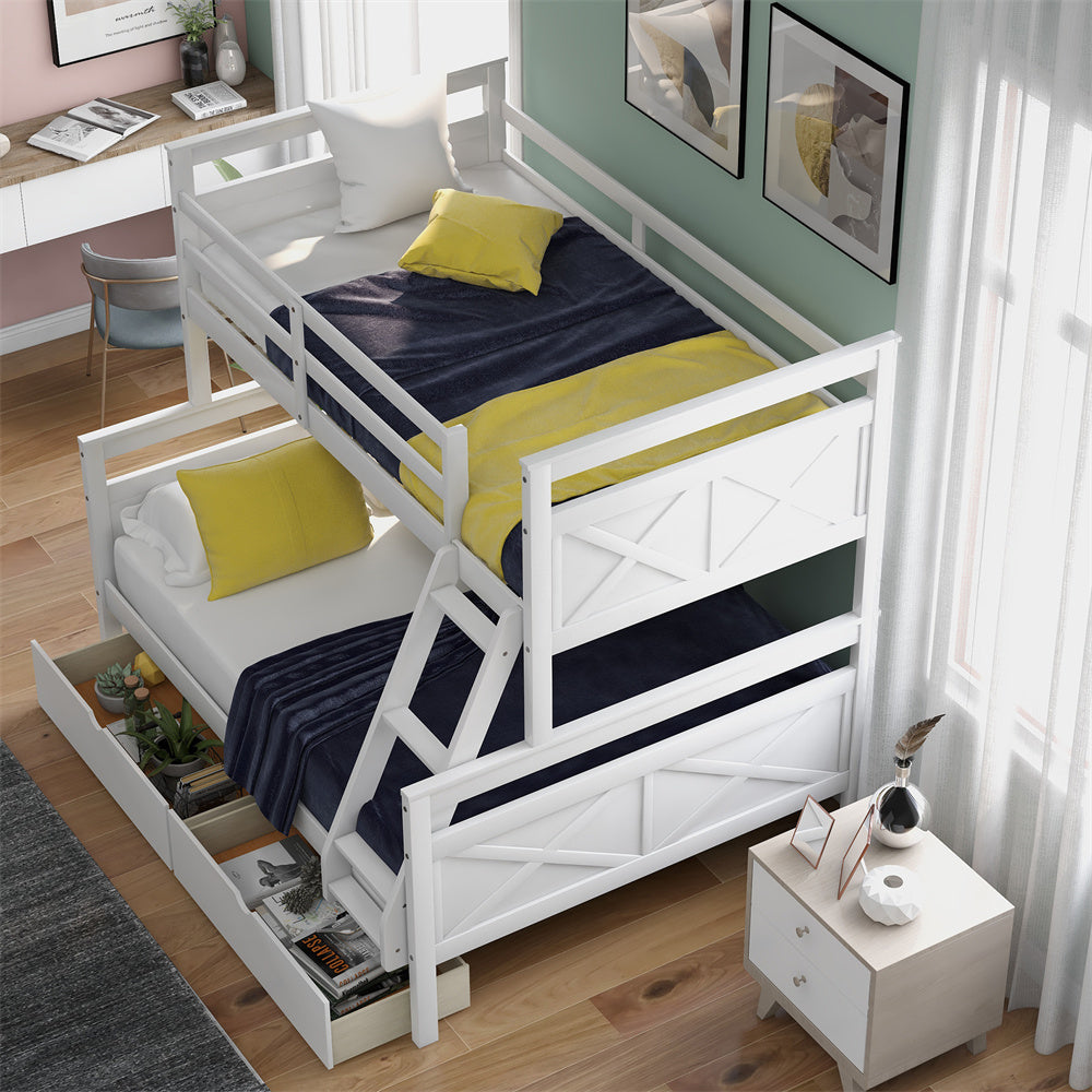 Twin Over Full Bunk Bed with Two Storage Drawers, Pine Wood Bed Frame and Guardrails and Ladder for Kids and Teens Trundle, White