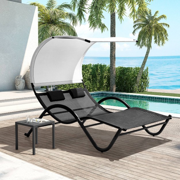 Outdoor Double Chaise Lounge With Sun Shade Black Crestlive Products