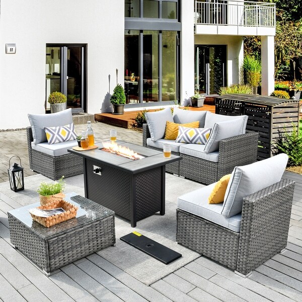 XIZZI Patio Furniture Set 6 Pieces Outdoor Sectional Rattan Sofa with Firepit