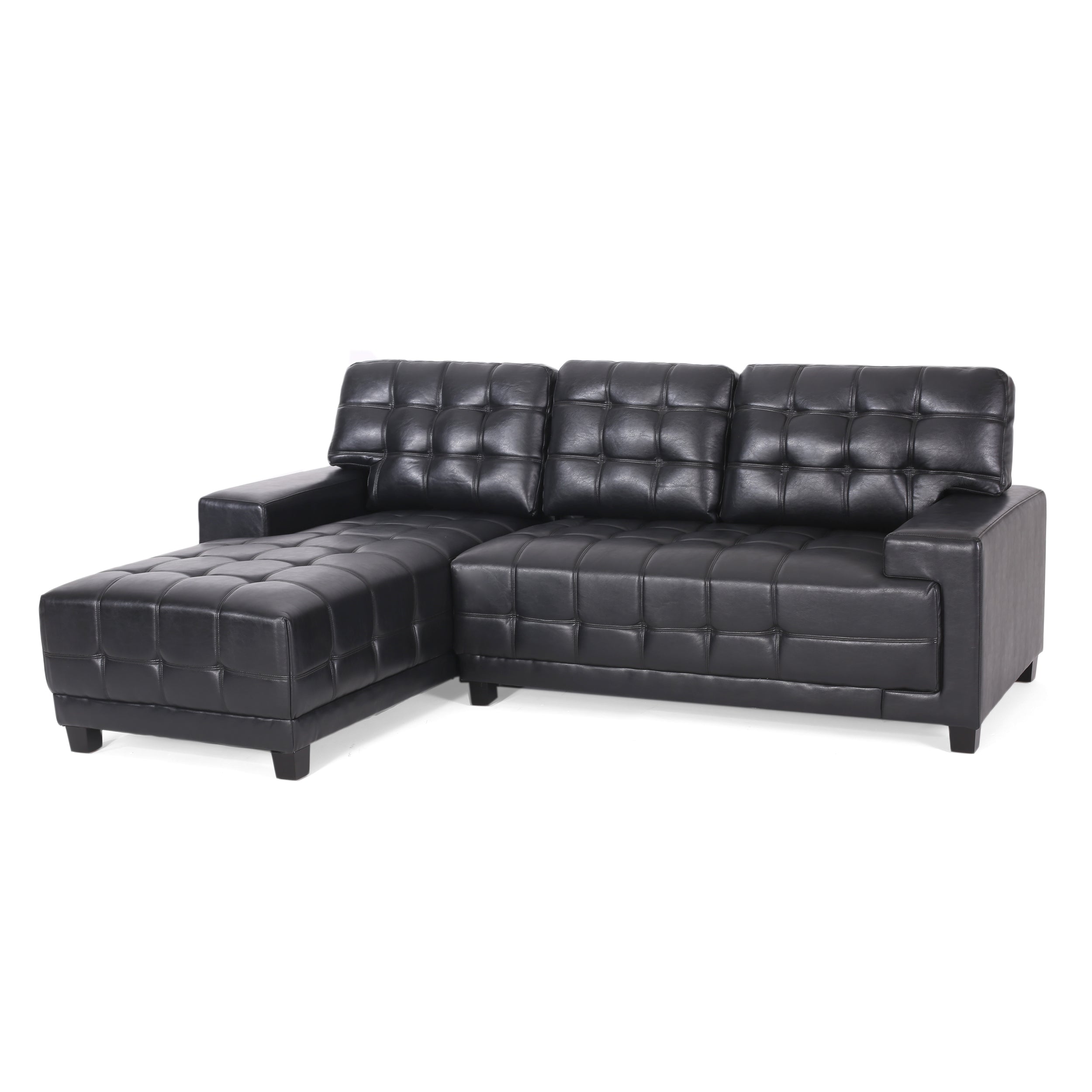 Littell Contemporary Faux Leather Tufted 3 Seater Sofa and Chaise Lounge Sectional Set