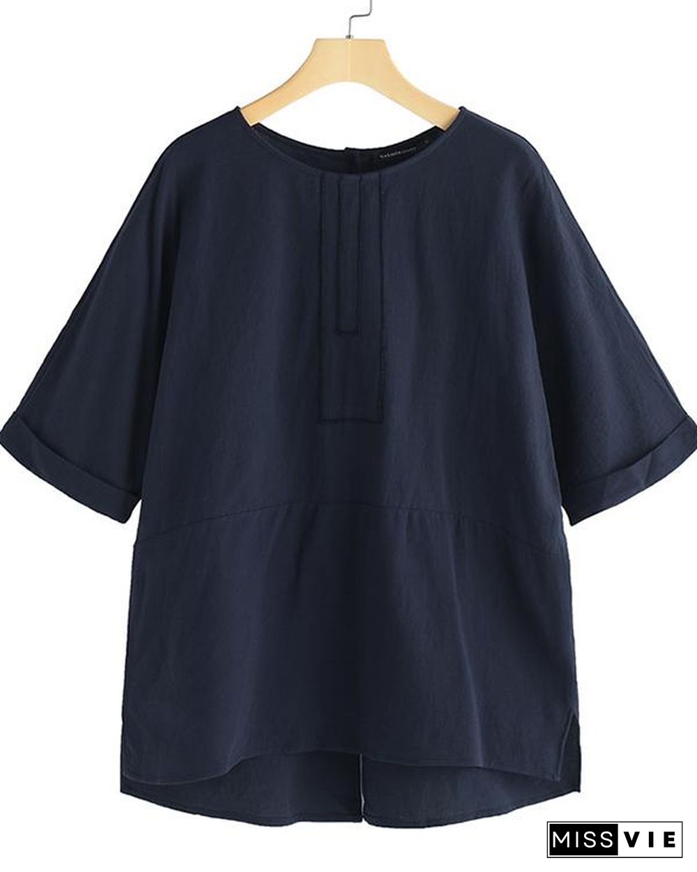 Women O-Neck Half Sleeve Solid Loose Plus Size Casual Linen Tops