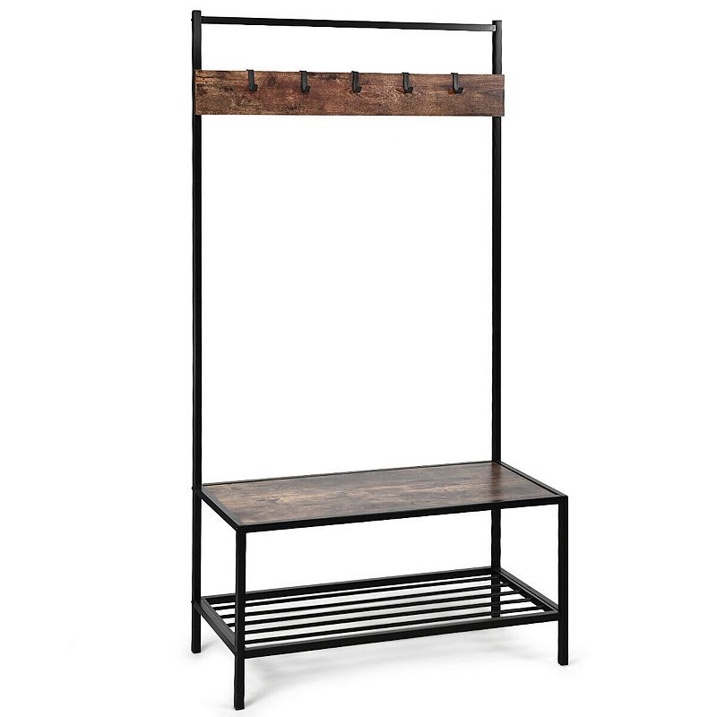 3-in-1 Industrial Coat Rack with 2-tier Storage Bench and 5 Hooks