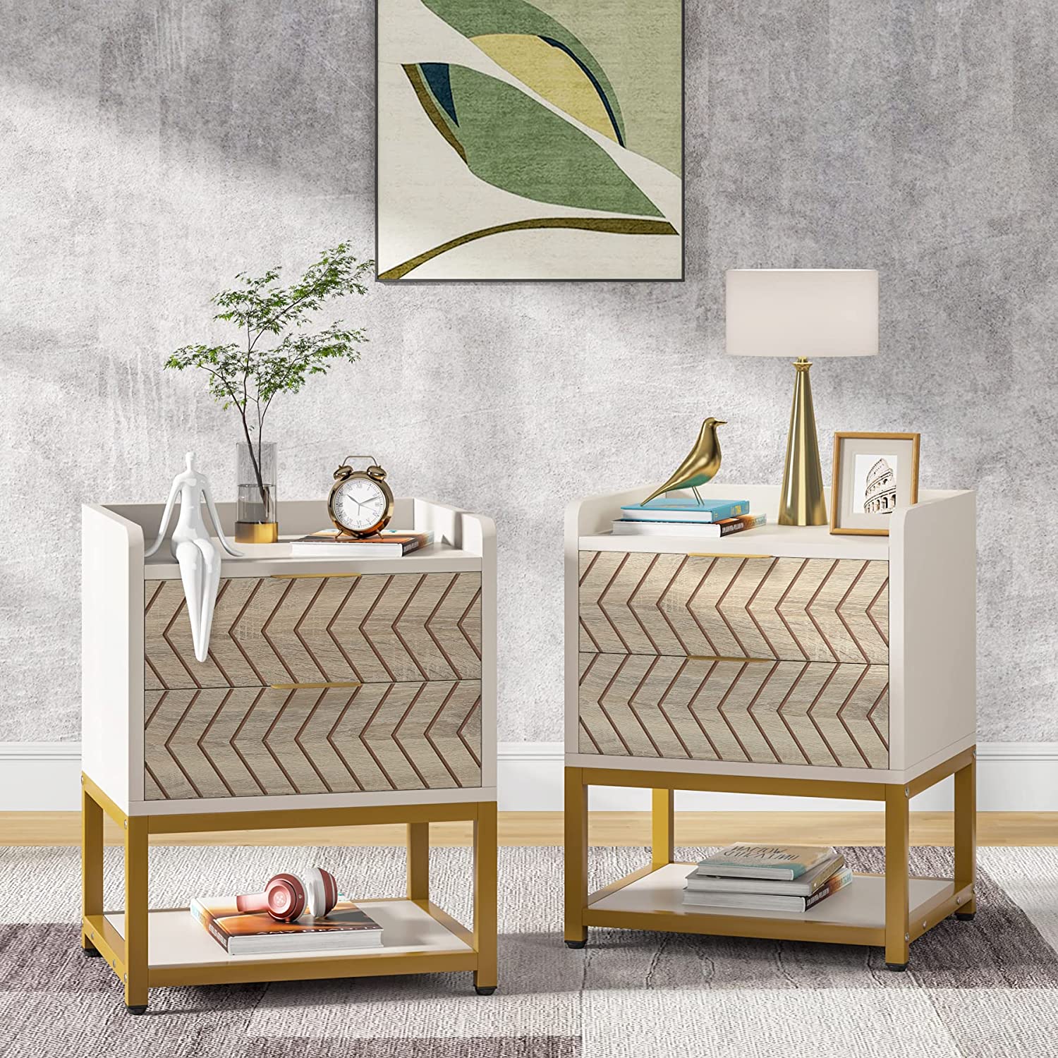 Tribesigns Modern Nightstand with 2 Drawers, Bedrooms Bedside Table, Side End Table for Living Room, White & Gold