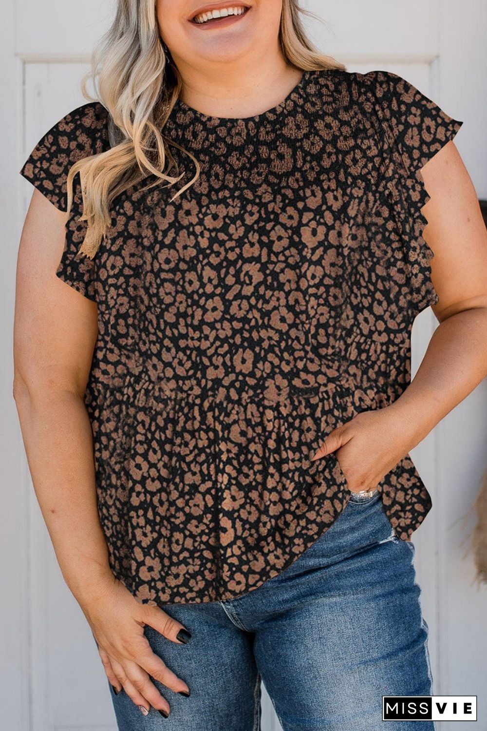 Black Plus Size Smocked Floral Blouse