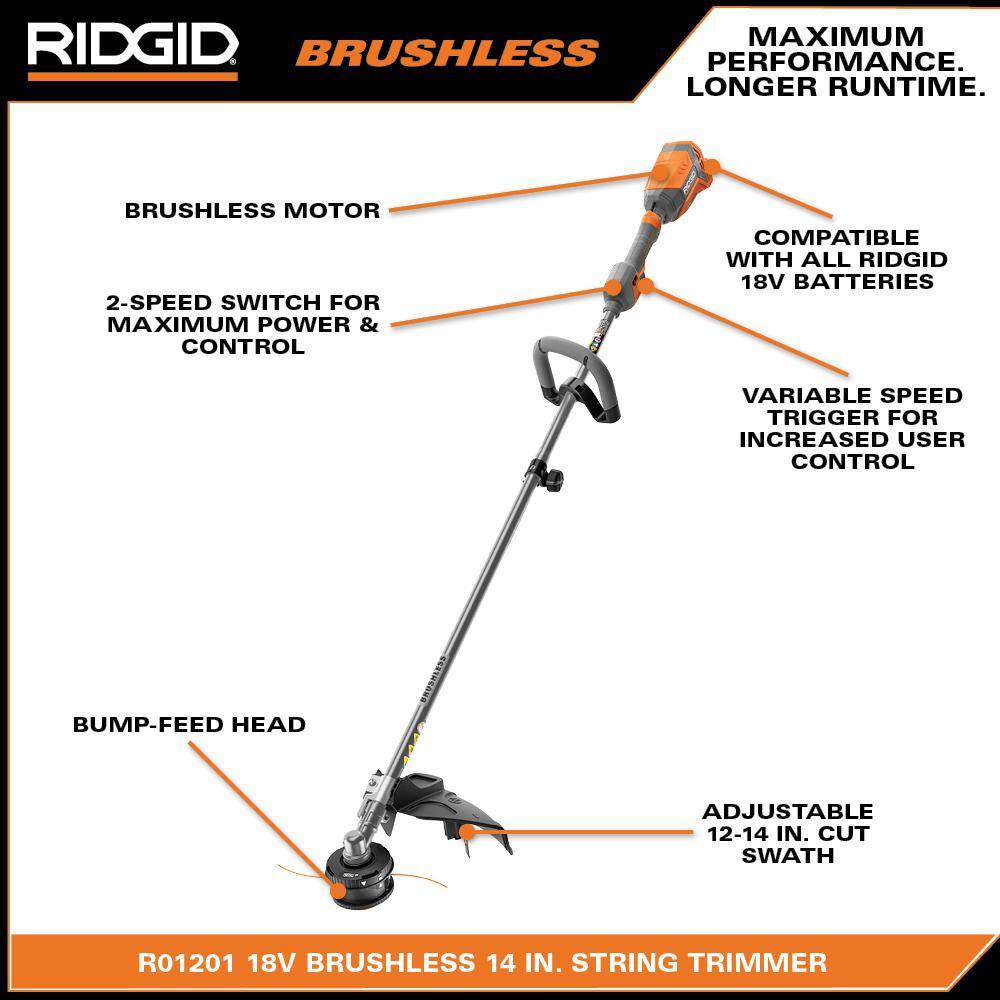 RIDGID 18V Brushless Cordless String Trimmer Leaf Blower DrillDriver and Impact Driver with (3) Batteries and (2) Chargers R019001-R9272