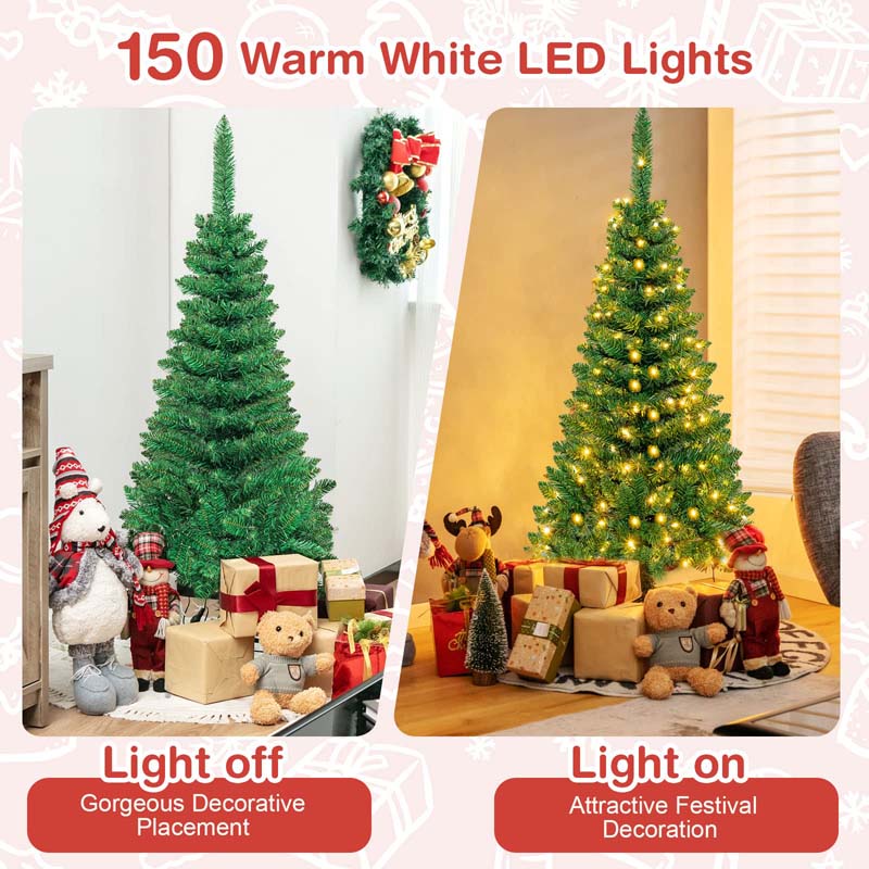 4.5/6.5/7.5FT Pre-Lit Artificial Slim Pencil Christmas Tree with Hinged Branch Tips, LED Lights & Solid Metal Stand