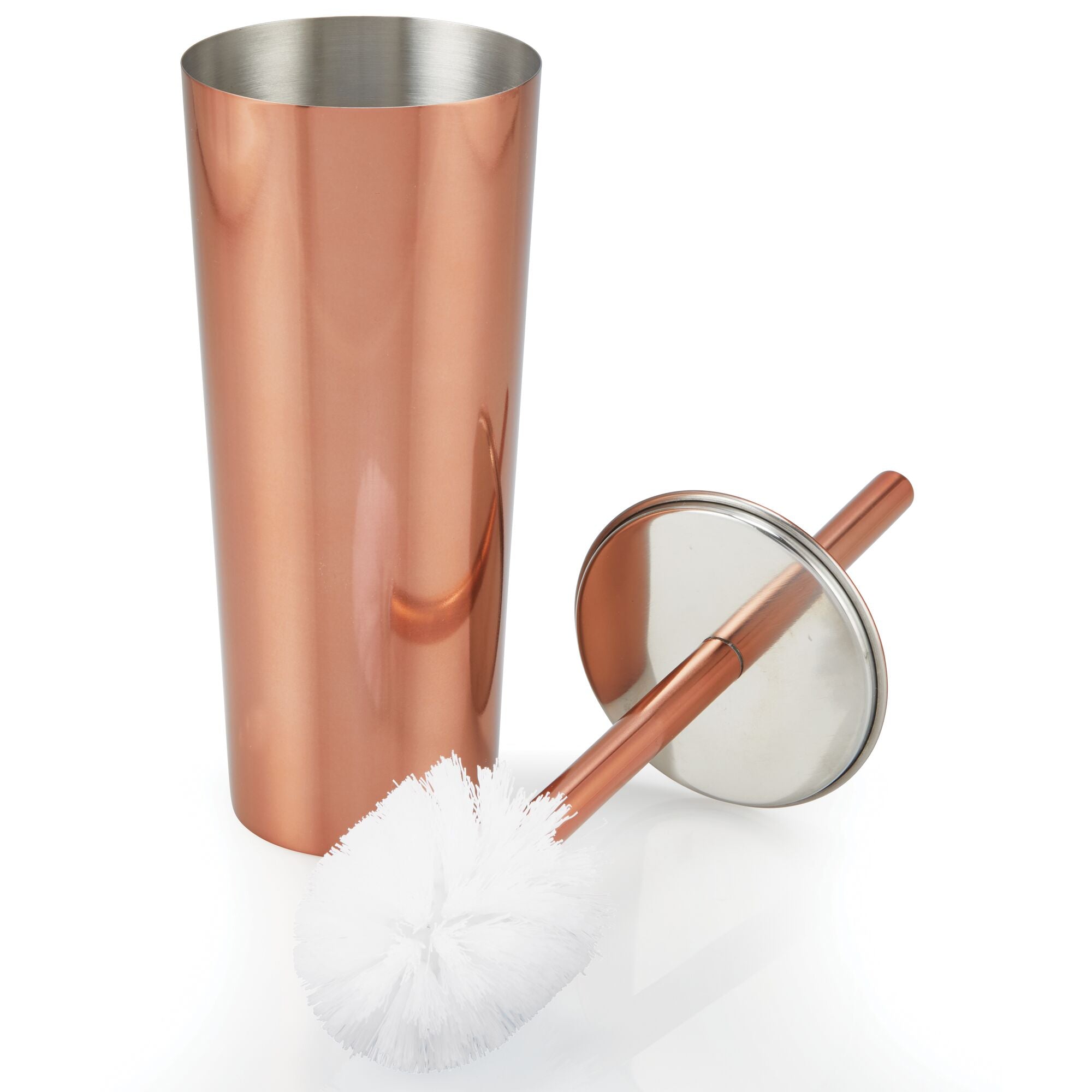 mDesign Round Metal Modern Compact Freestanding Plastic Toilet Bowl Brush and Round Wastebasket Garbage Can Combo Set for Bathroom Storage - Sturdy， Deep Cleaning - Set of 2 - Rose Gold