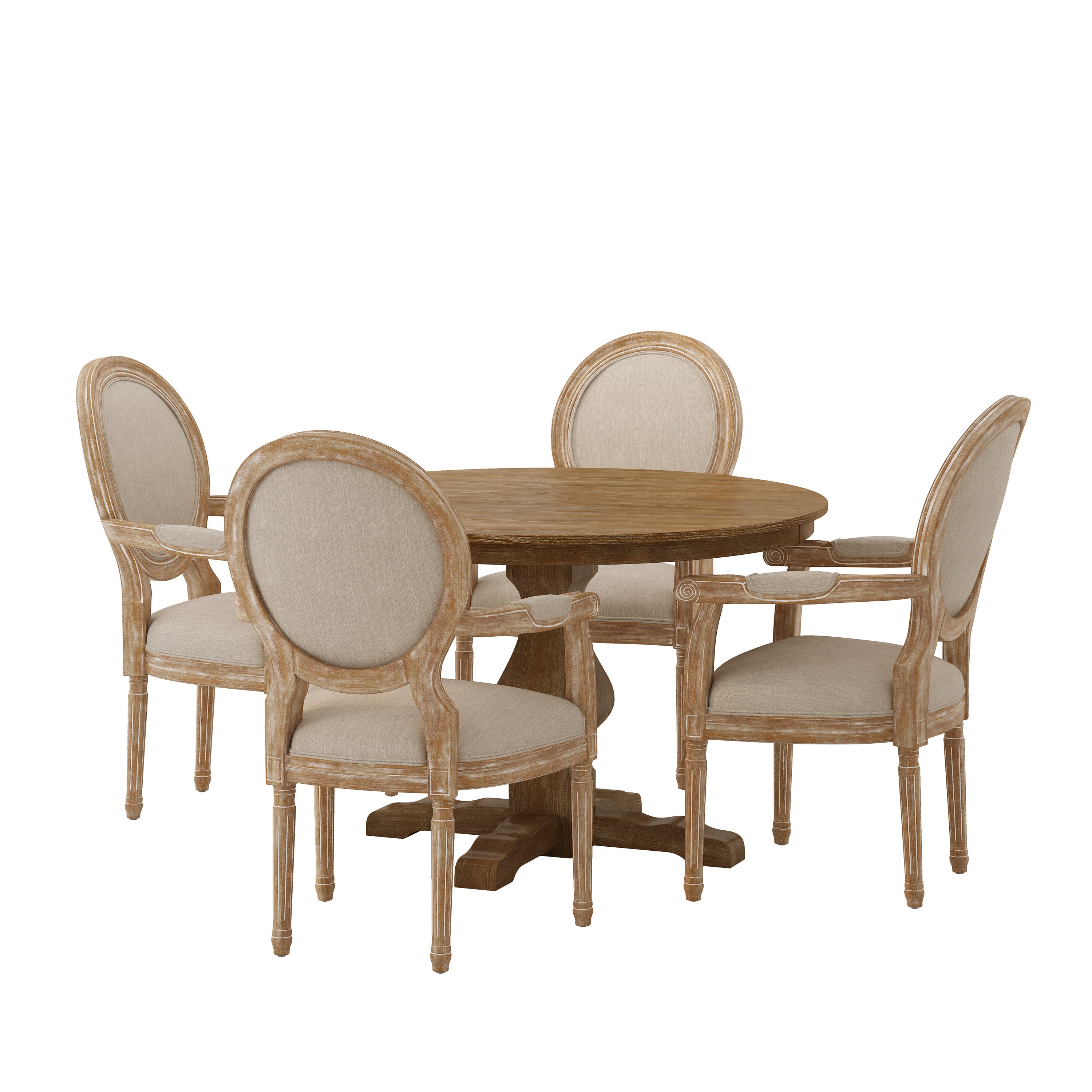 Bryan French Country Fabric Upholstered Wood 5 Piece Circular Dining Set