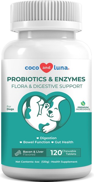 Coco and Luna Probiotics and Enzymes Bacon and Liver Flavor Dog Supplement， 120 count