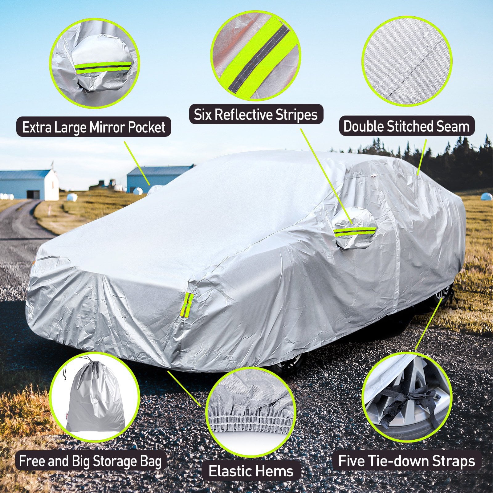 6 Layers Car Cover Waterproof All Weather for Auto， Outdoor Full Cover Rain Sun UV Protection with Zipper， Universal Fit for Sedan Length 193'' to 208''(Silver)