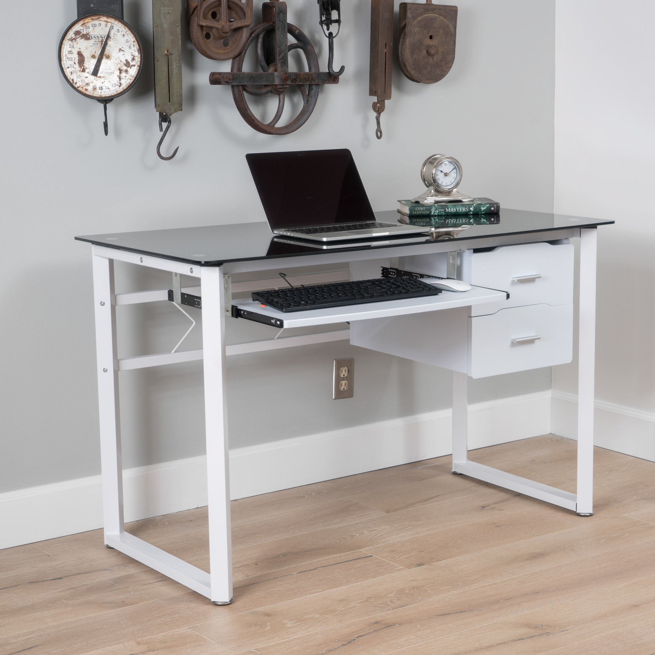 Rivendell Modern Black and White Iron Office Desk with Tempered Glass Top