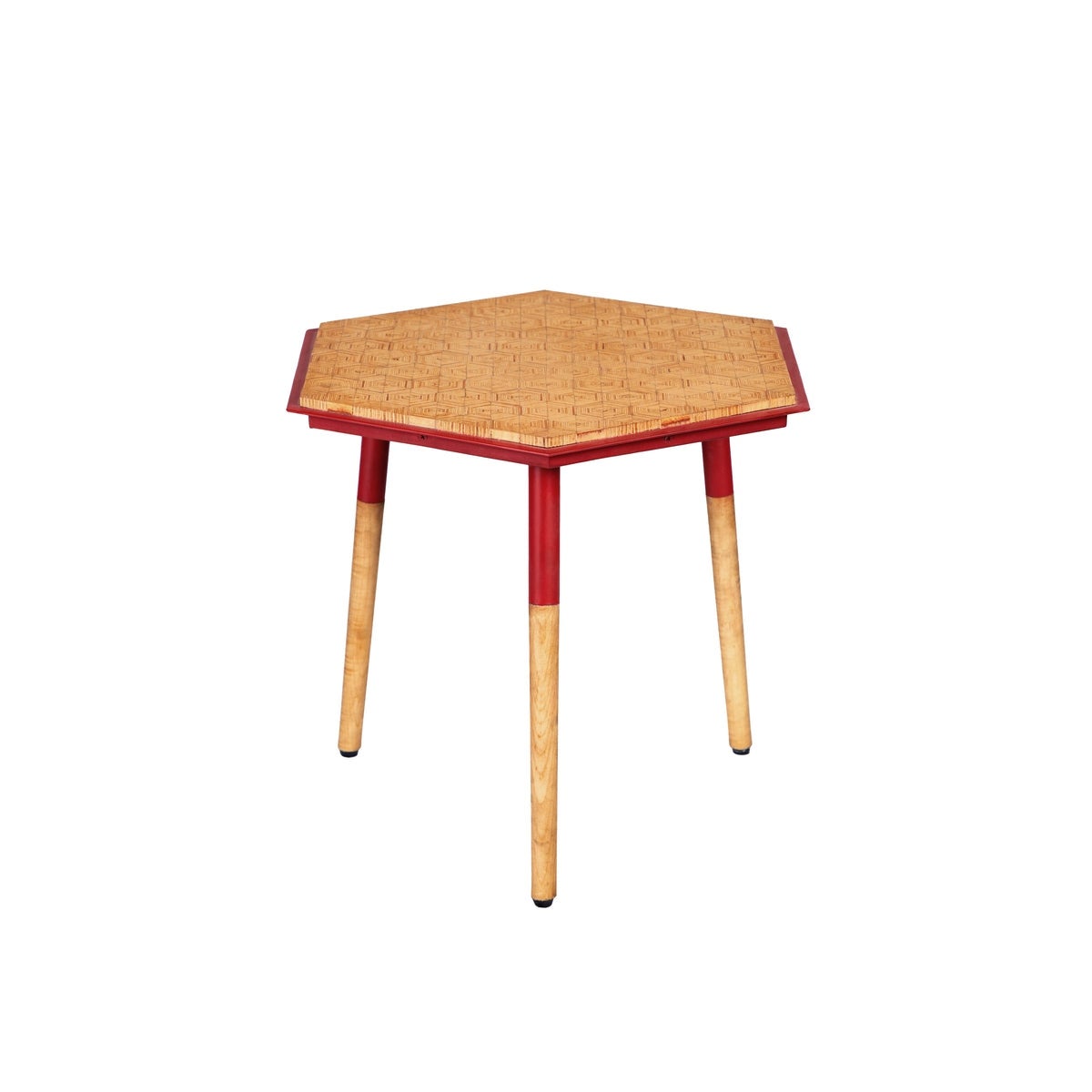 Paige 18 Inch Hexagon Illusion Wood Side Table， Brown， Red - 17.9