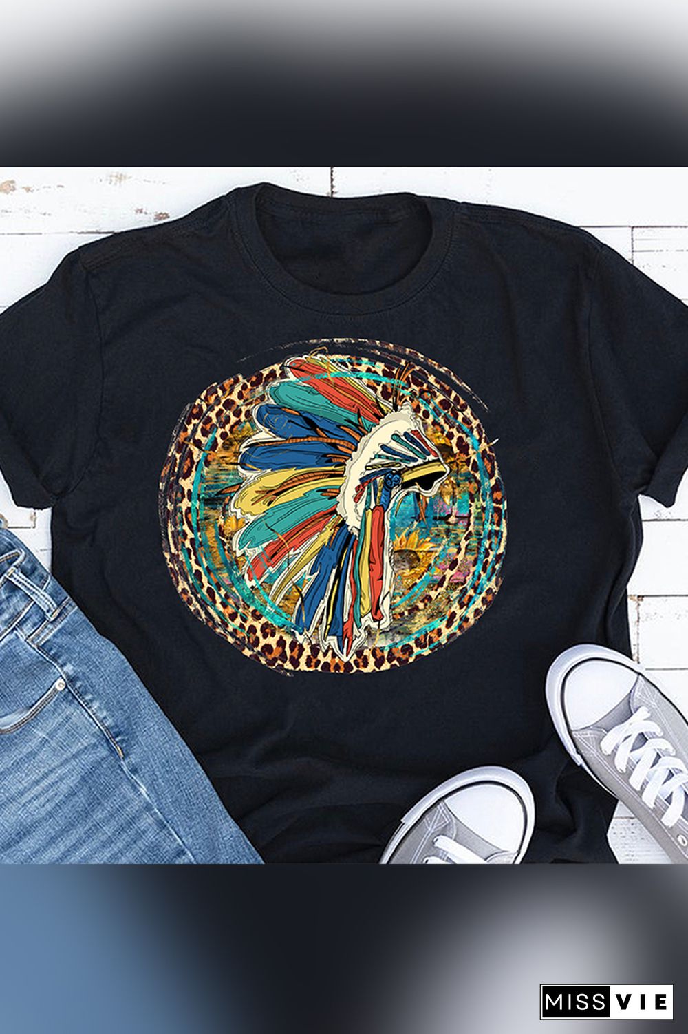 Indian Headdress Short Sleeve Graphic Tee Top Wholesale