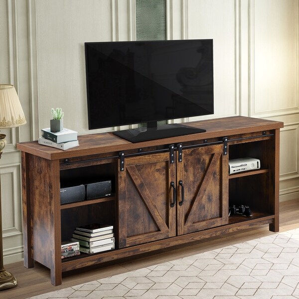 52''W Retro Rustic Wooden TV Stand Console with 2 Front Sliding Door TV Cabinet Entertainment Center