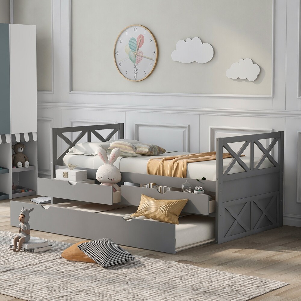 Rustic Style Twin Daybed with Drawers   Trundle  Multi Functional Solid Pine Wood Bedframe for Kids Teens Bedroom Guestroom Grey