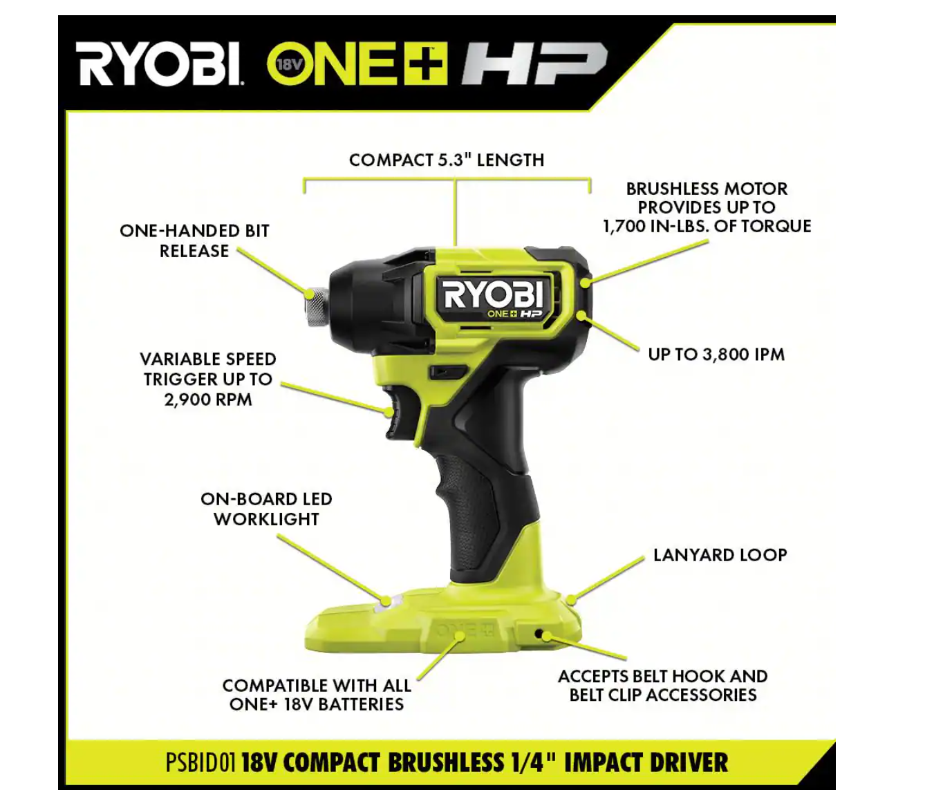 RYOBI PSBID01K-PSBRA02B ONE+ HP 18V Brushless Cordless Compact 1/4 in. Impact Driver and 3/8 in. Right Angle Drill with (2) Batteries， Charger