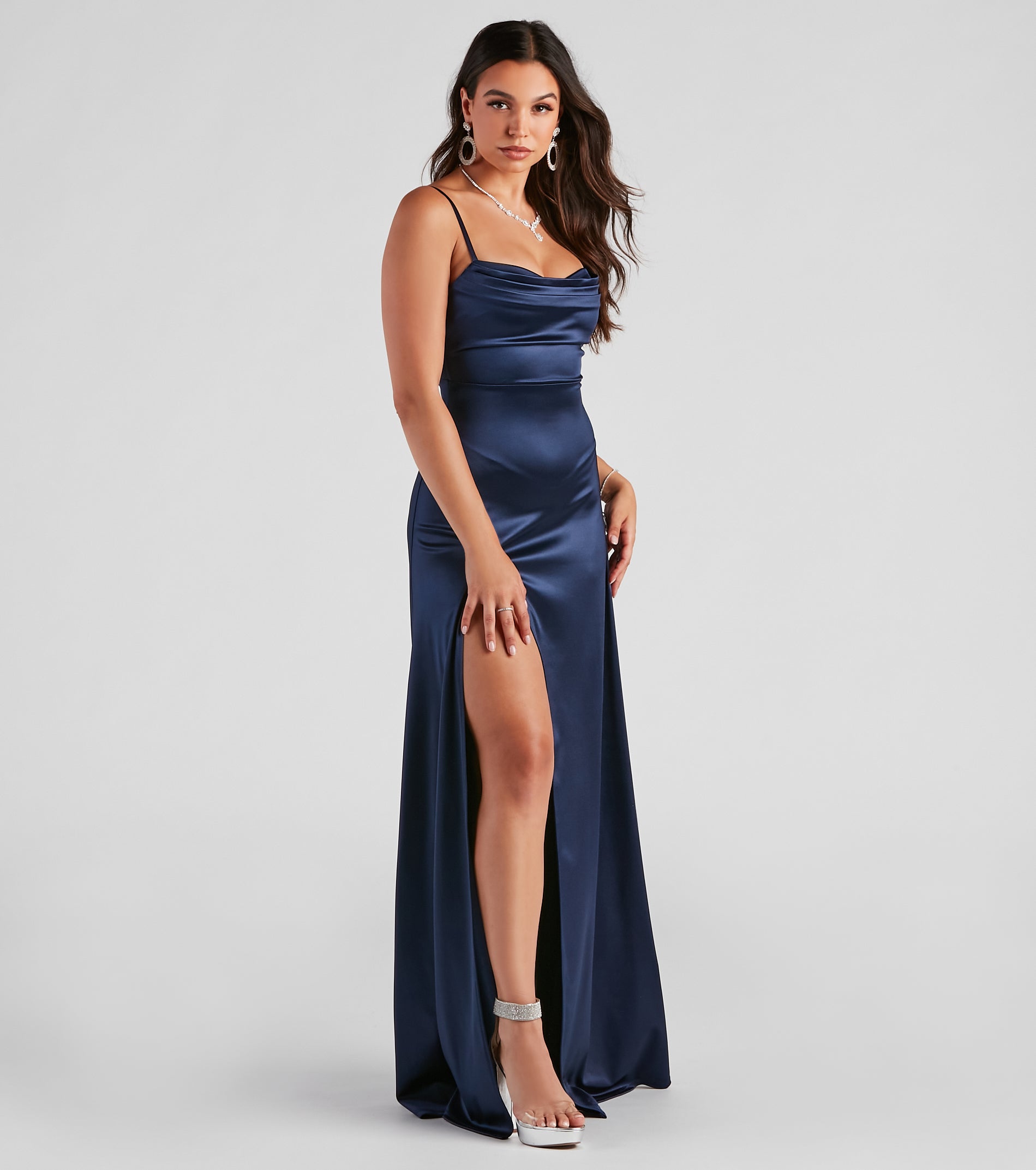 Marissa Formal Satin Cowl Neck Dress