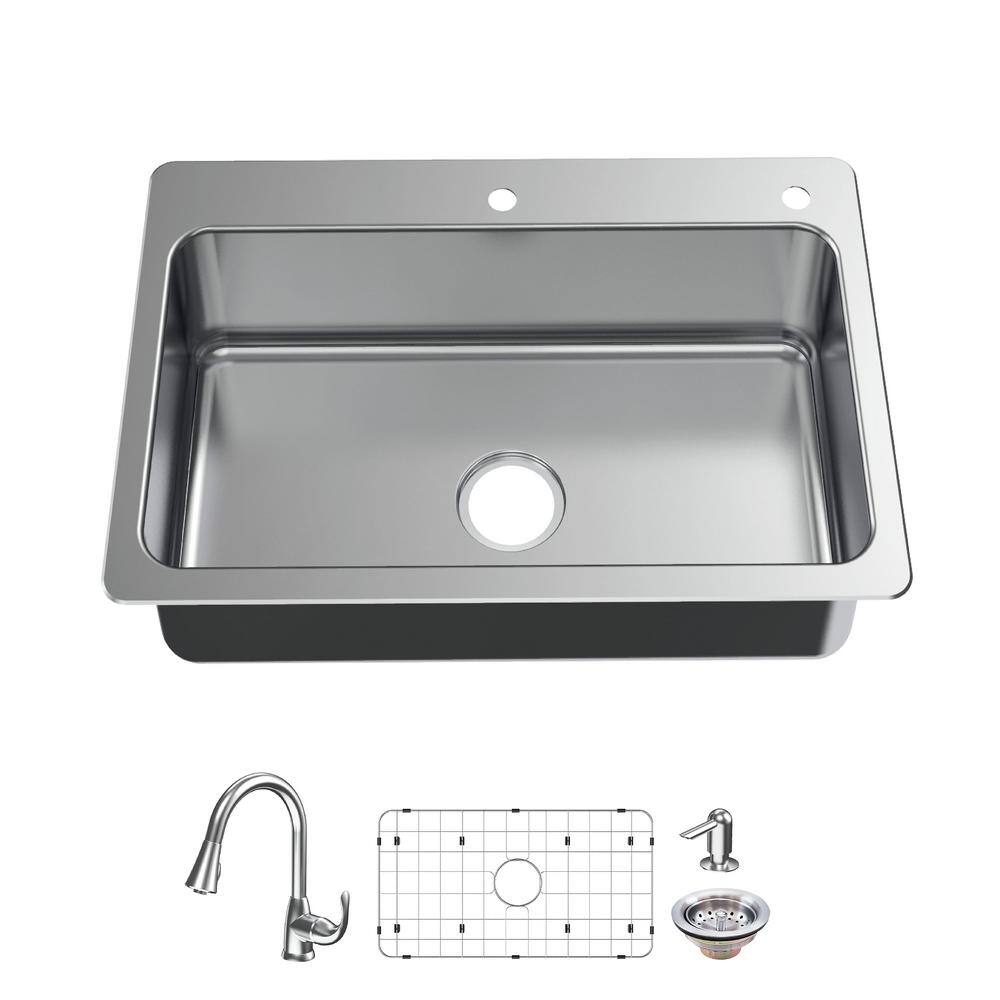 Glacier Bay Bratten All-in-One Drop-InUndermount 18G Stainless Steel 33 in. 2-Hole Single Bowl Kitchen Sink with Pull-Down Faucet VT3322TA1PA1