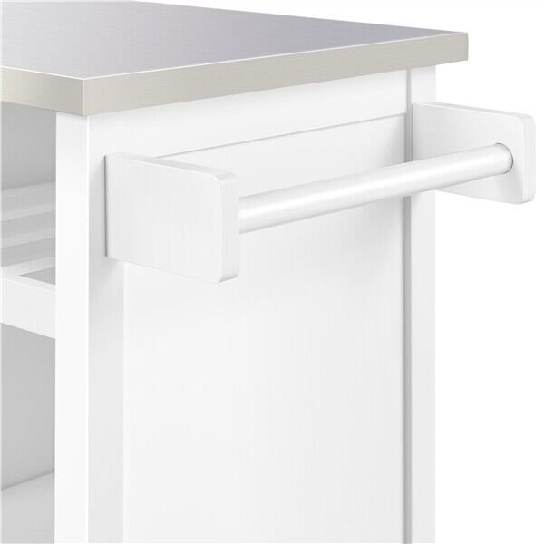 Kitchen Island Cart on Wheels with Stainless Top and Drawers and Towel Rack， White