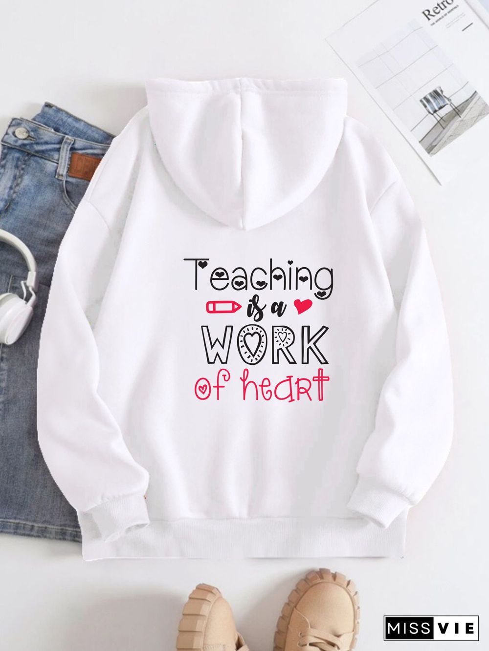 Printed on the Back Kangaroo Pocket Hoodie Long Sleeve for Women Pattern Teaching work of heart