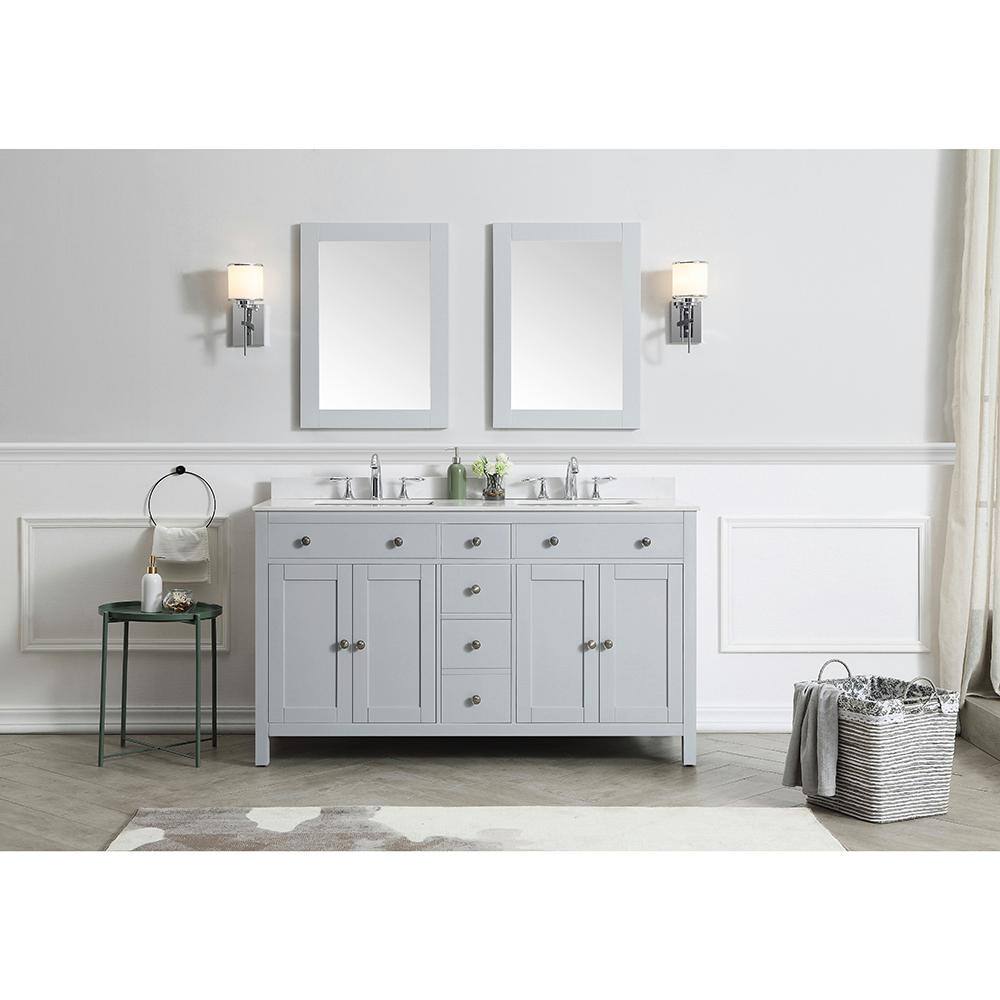 Home Decorators Collection Austen 60 in. W x 22 in. D Bath Vanity in Dove Grey with Marble Vanity Top in Yves White with White Sinks Austen 60G