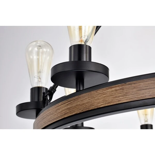 Aada Matte Black Metal 9 Light Wood Grain Finish Wagon Wheel Chandelier 32-Inch Shopping - The Best Deals on Chandeliers