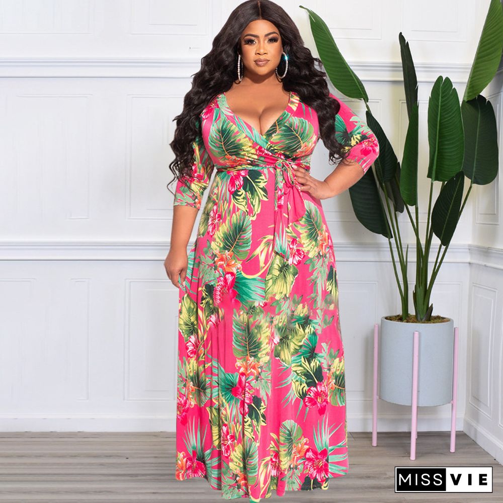 V Neck High Waist Vintage Plus Size Maxi Dress