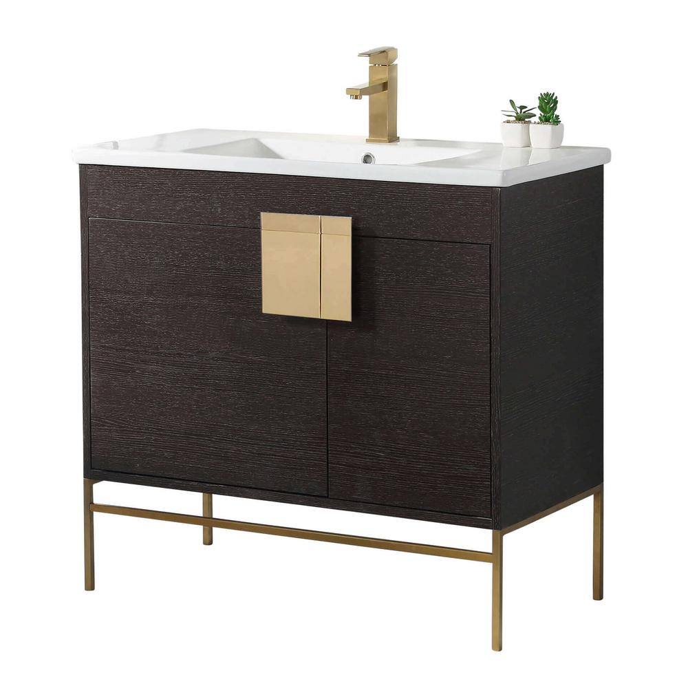 FINE FIXTURES Shawbridge 36 in. W x 18.11 in. D x 33.5 in. H Bath Vanity in Black Oak Straight Grain with White Ceramic Vanity Top SH36BL-SHHA1SB