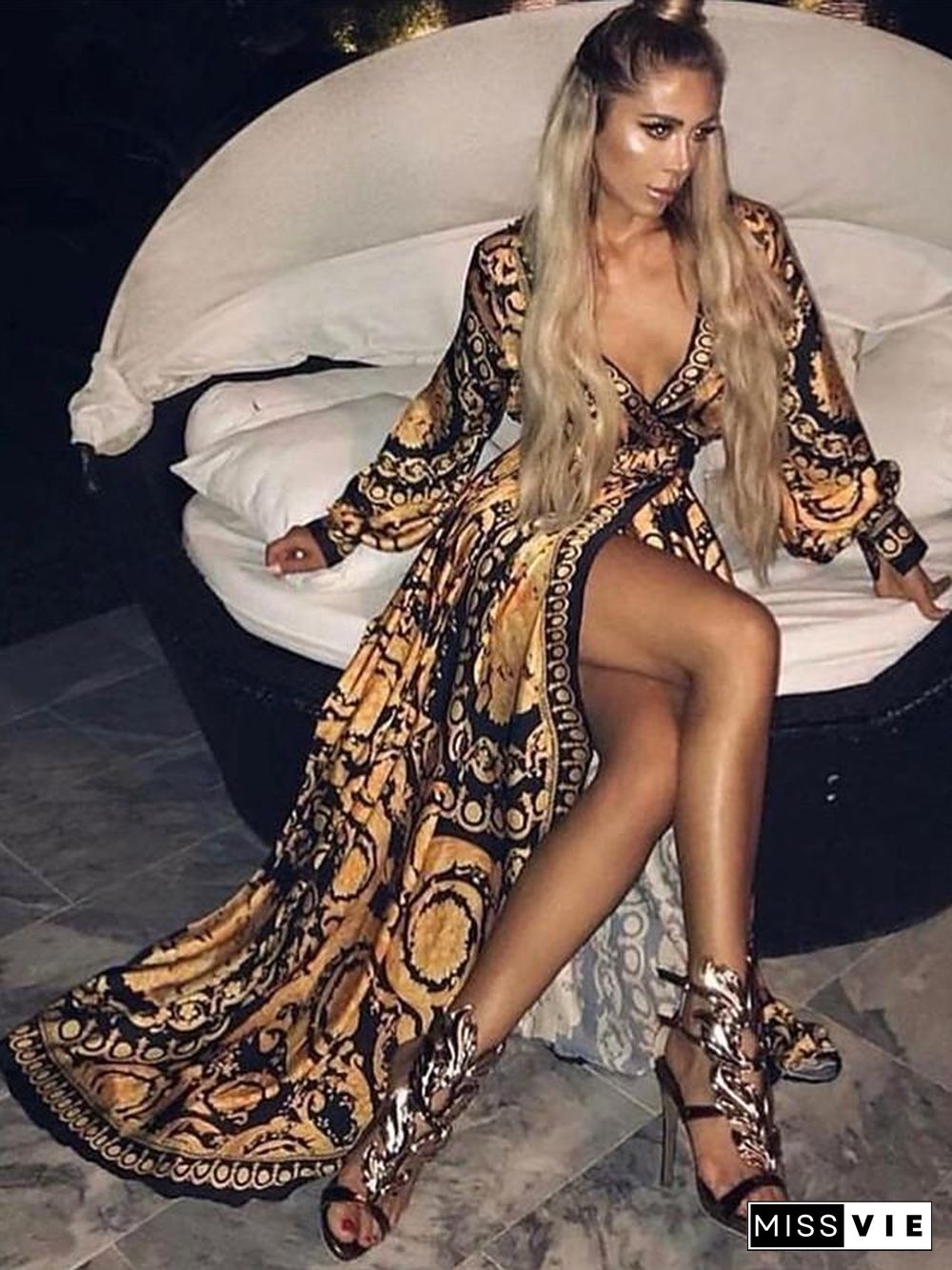 Women's Wrap Dress Maxi long Dress - Long Sleeve Other Print Spring & Summer Deep V Hot Boho Holiday Going out Beach  Yellow S M L XL XXL 3XL / vacation dresses