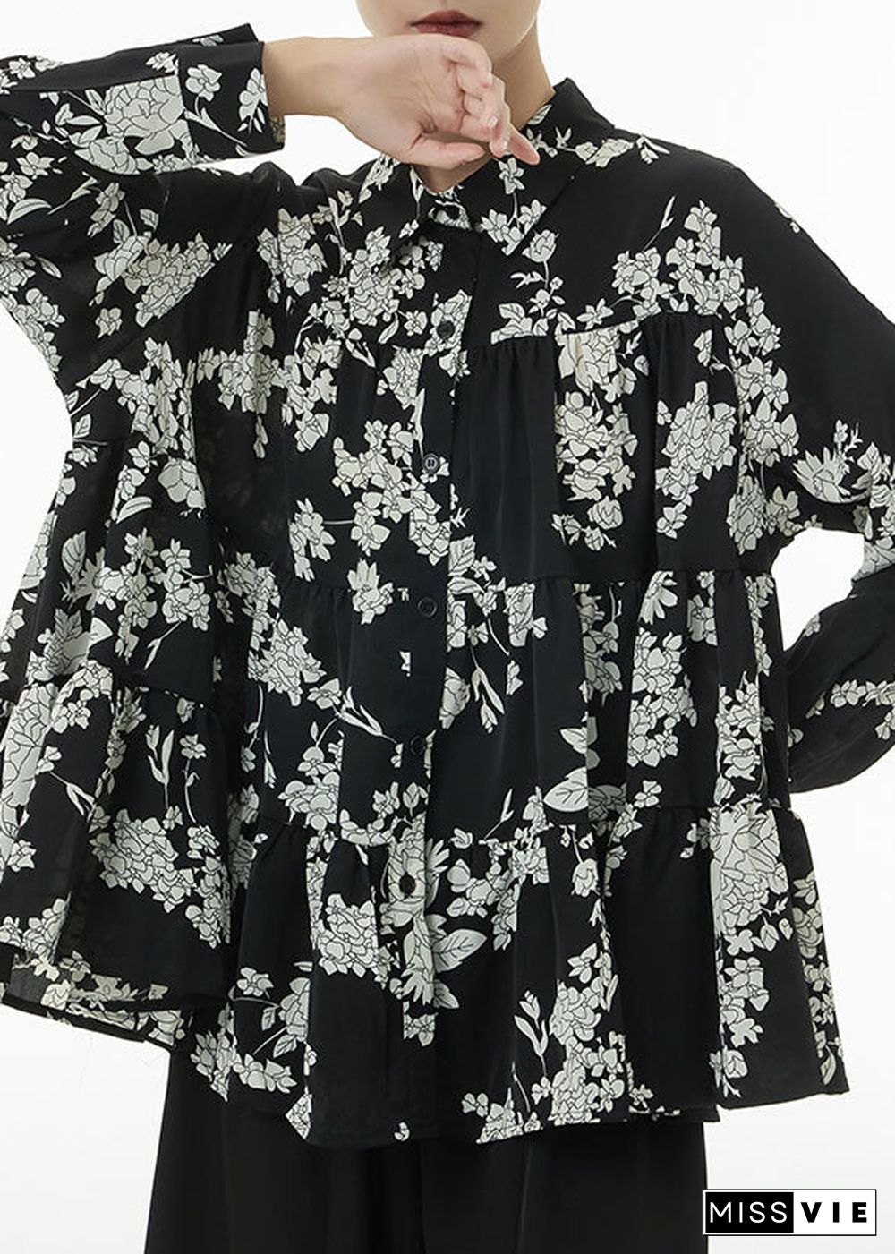 Black Print Patchwork Cotton Blouses Tops Oversized Wrinkled Spring