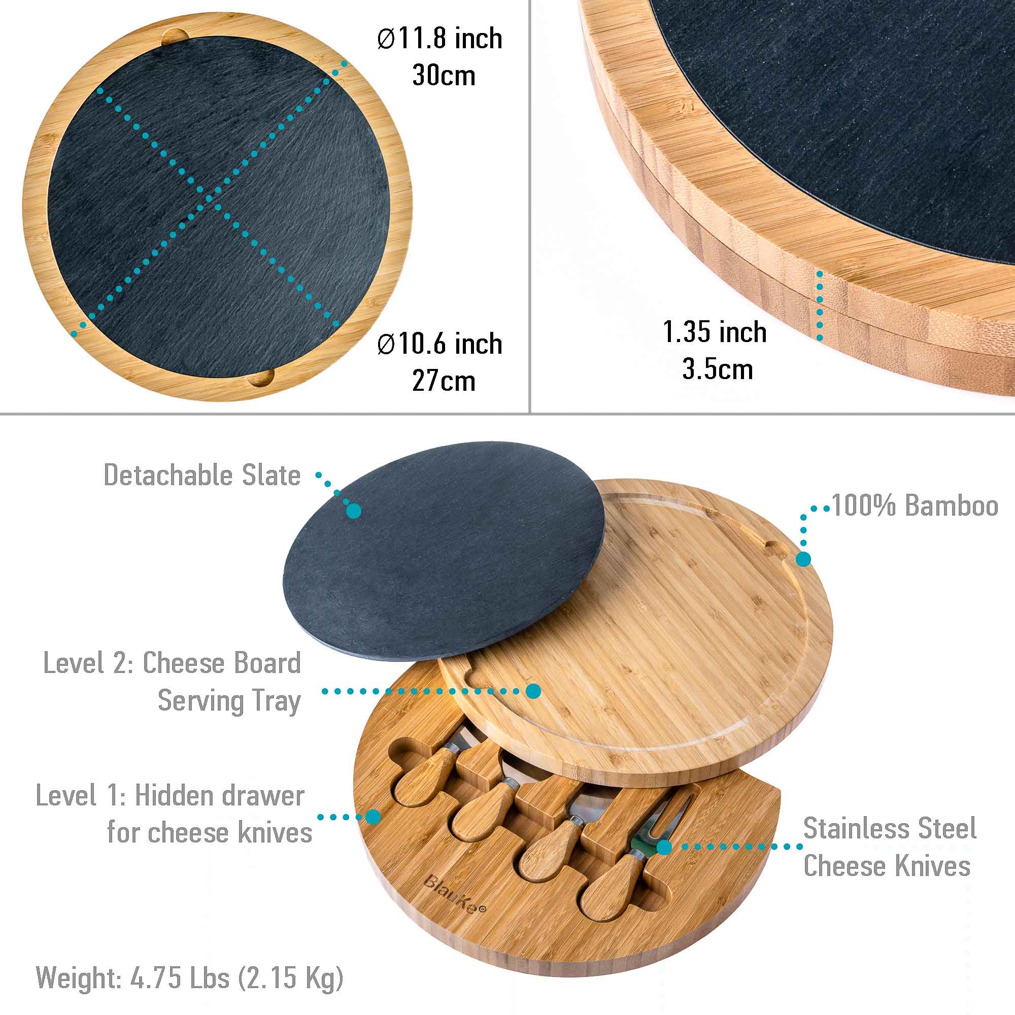 BlauKe® Bamboo Cheese Board with Knife Set and Slate – 12 inch Round Charcuterie Board， Serving Tray， Platter， Wood Cheese Board Set – Gift Idea