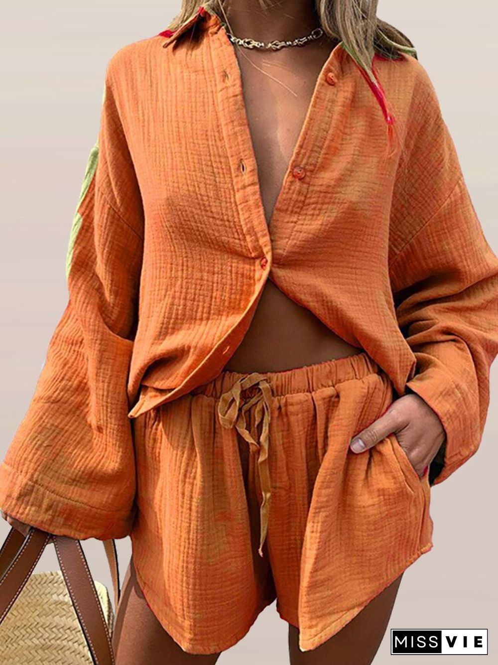 Elegant Lapel Single Breasted Loose Suit Solid Streetwear Outfit Women Long Sleeve Top & Shorts Cotton Linen Casual 2pc Set