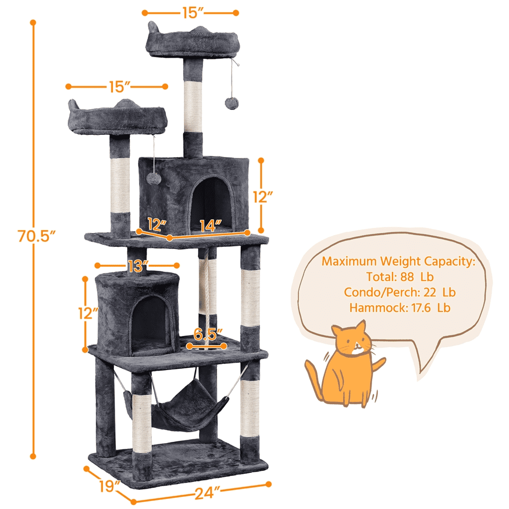 SMILE MART 70.5″H Multi Level Cat Tower Tree with 2 Condos and 2 Foam-Padded Perches for Medium/Large Cats， Light Gray