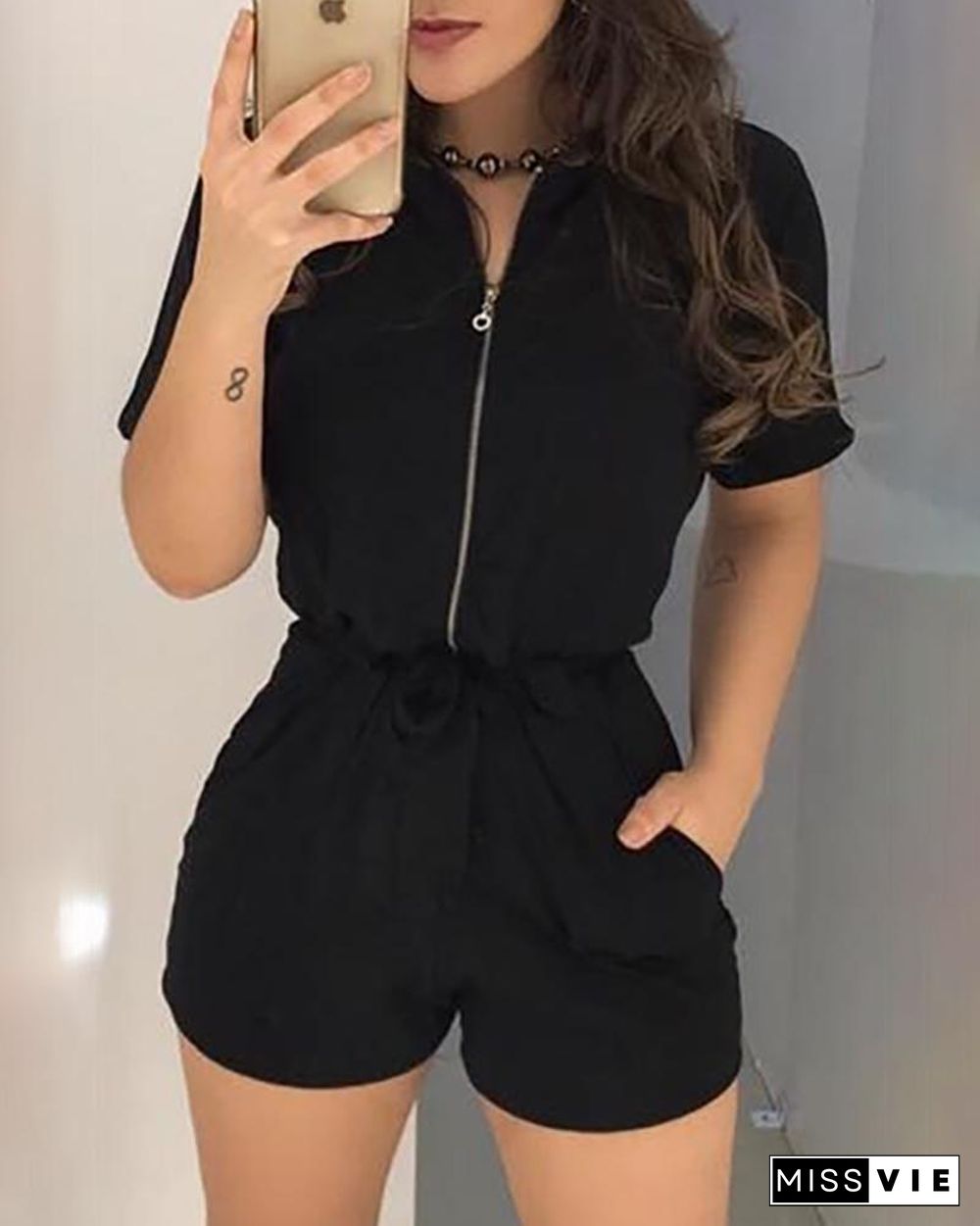 Short Sleeve Zipper Design Romper